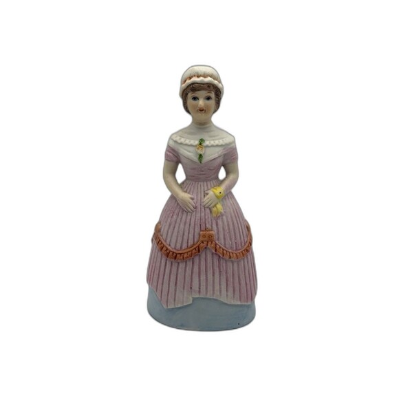 Vintage Victorian Lady Ceramic Bell Figurine In Layered Dress, Hat With Hankie - Picture 9 of 10